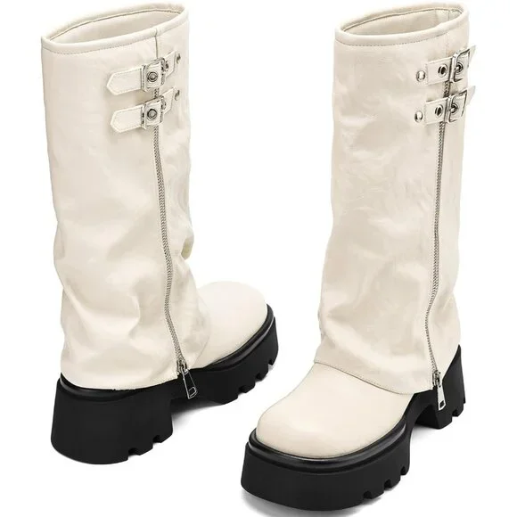 Women's White Chunky Slouchy Fold Over Wide Calf Fashion Buckle Knee High Boots - Picture 5 of 5